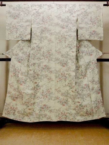 Photo1: O0218R Vintage Japanese kimono  Grayish Light Blue KOMON dyed for women / Silk. SAKURA cherry blossom,   (Grade C) (1)