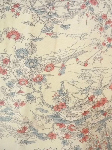 Photo3: O0218R Vintage Japanese kimono  Grayish Light Blue KOMON dyed for women / Silk. SAKURA cherry blossom,   (Grade C) (3)