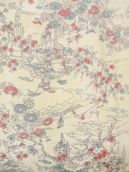 Photo4: O0218R Vintage Japanese kimono  Grayish Light Blue KOMON dyed for women / Silk. SAKURA cherry blossom,   (Grade C) (4)