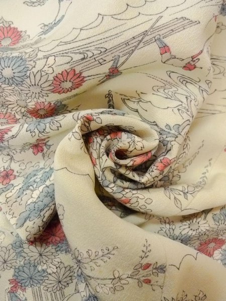 Photo12: O0218R Vintage Japanese kimono  Grayish Light Blue KOMON dyed for women / Silk. SAKURA cherry blossom,   (Grade C) (12)