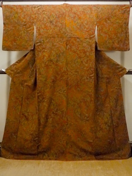 Photo1: Mint O0218S Vintage Japanese kimono  Reddish Brown KOMON dyed for women / Silk. Chinese flower,   (Grade A) (1)
