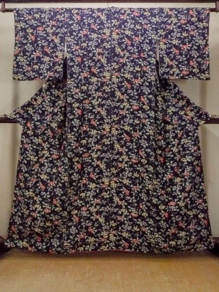 Photo1: O0218T Vintage Japanese kimono   Indigo Blue KOMON dyed for women / Silk. Flower,   (Grade B) (1)