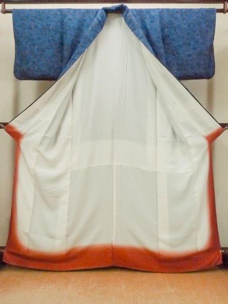 Photo2: O0218Z Used Japanese kimono   Indigo Blue KOMON dyed for women / Silk. SAKURA cherry blossom,   (Grade B) (2)