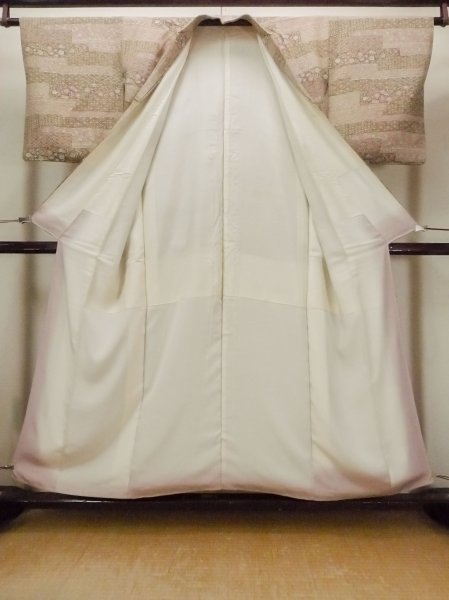 Photo2: O0219A Vintage Japanese kimono   Beige KOMON dyed for women / Silk. KIKYO Japanese balloonflower,   (Grade A) (2)