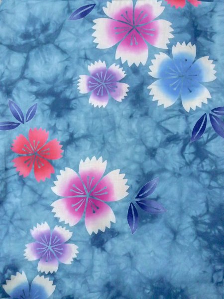 Photo4: O0228A Vintage Japanese kimono  Pale Light Blue YUKATA summer(made in Other than Japan) for women / Cotton. Flower,   (Grade C) (4)