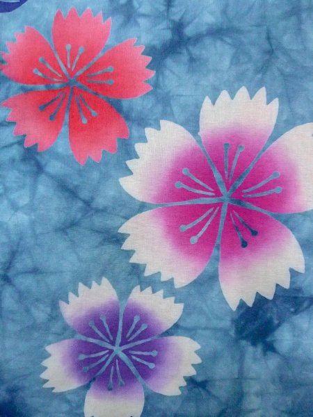 Photo5: O0228A Vintage Japanese kimono  Pale Light Blue YUKATA summer(made in Other than Japan) for women / Cotton. Flower,   (Grade C) (5)