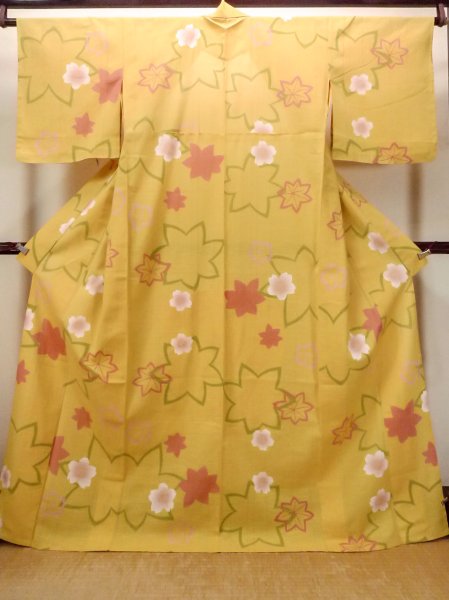 Photo1: Mint O0228B Used Japanese kimono  Grayish Yellow YUKATA summer(made in Japan) for women / Cotton/hemp SAKURA cherry blossom,   (Grade A) (1)
