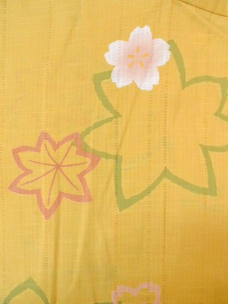 Photo3: Mint O0228B Used Japanese kimono  Grayish Yellow YUKATA summer(made in Japan) for women / Cotton/hemp SAKURA cherry blossom,   (Grade A) (3)