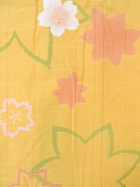 Photo4: Mint O0228B Used Japanese kimono  Grayish Yellow YUKATA summer(made in Japan) for women / Cotton/hemp SAKURA cherry blossom,   (Grade A) (4)