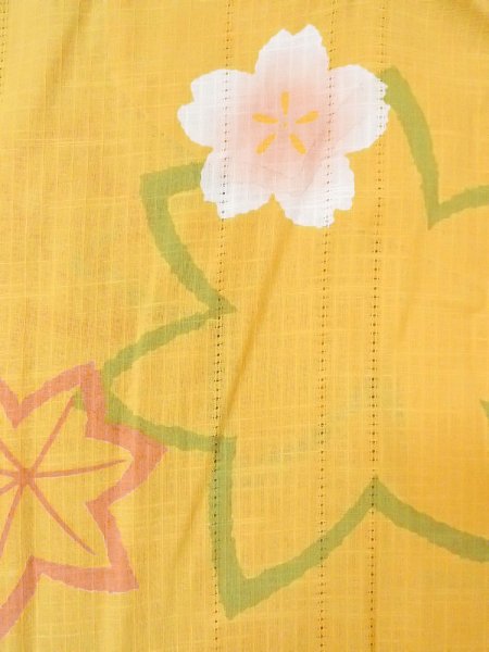 Photo5: Mint O0228B Used Japanese kimono  Grayish Yellow YUKATA summer(made in Japan) for women / Cotton/hemp SAKURA cherry blossom,   (Grade A) (5)