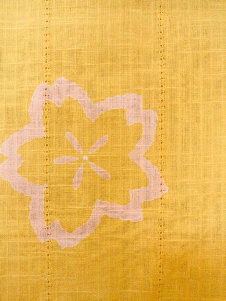 Photo7: Mint O0228B Used Japanese kimono  Grayish Yellow YUKATA summer(made in Japan) for women / Cotton/hemp SAKURA cherry blossom,   (Grade A) (7)