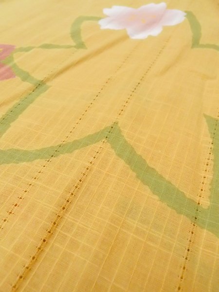 Photo8: Mint O0228B Used Japanese kimono  Grayish Yellow YUKATA summer(made in Japan) for women / Cotton/hemp SAKURA cherry blossom,   (Grade A) (8)