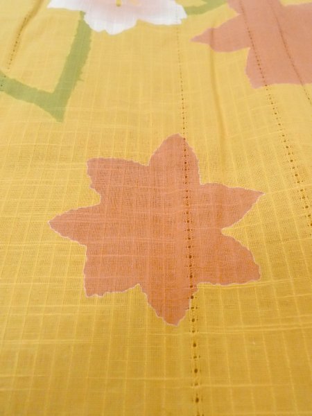 Photo9: Mint O0228B Used Japanese kimono  Grayish Yellow YUKATA summer(made in Japan) for women / Cotton/hemp SAKURA cherry blossom,   (Grade A) (9)