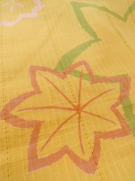 Photo10: Mint O0228B Used Japanese kimono  Grayish Yellow YUKATA summer(made in Japan) for women / Cotton/hemp SAKURA cherry blossom,   (Grade A) (10)