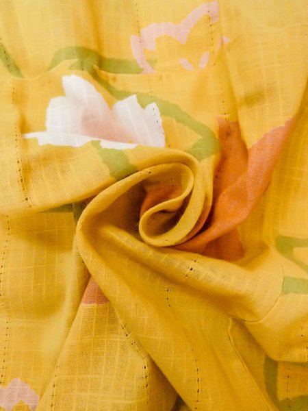 Photo11: Mint O0228B Used Japanese kimono  Grayish Yellow YUKATA summer(made in Japan) for women / Cotton/hemp SAKURA cherry blossom,   (Grade A) (11)