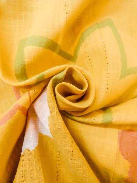 Photo12: Mint O0228B Used Japanese kimono  Grayish Yellow YUKATA summer(made in Japan) for women / Cotton/hemp SAKURA cherry blossom,   (Grade A) (12)