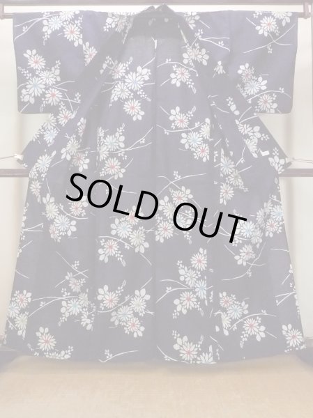 Photo3: O0228D Vintage Japanese kimono   Indigo Blue Pour Dyed Yukata for women / Cotton. Flower,   (Grade C) (3)