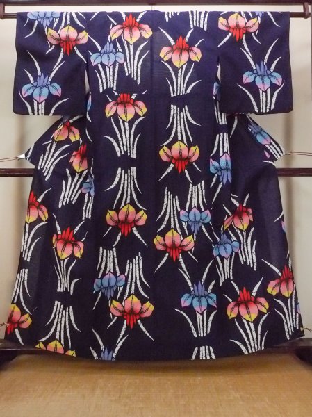 Photo1: O0228E Vintage Japanese kimono   Indigo Blue Pour Dyed Yukata for women / Cotton. Iris,   (Grade C) (1)