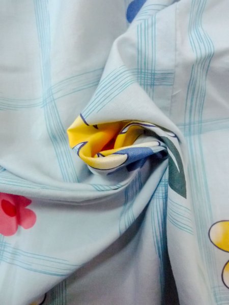 Photo11: O0228Q Vintage Japanese kimono  Light Light Blue YUKATA summer(made in Other than Japan) for women / Cotton. Flower,   (Grade B) (11)