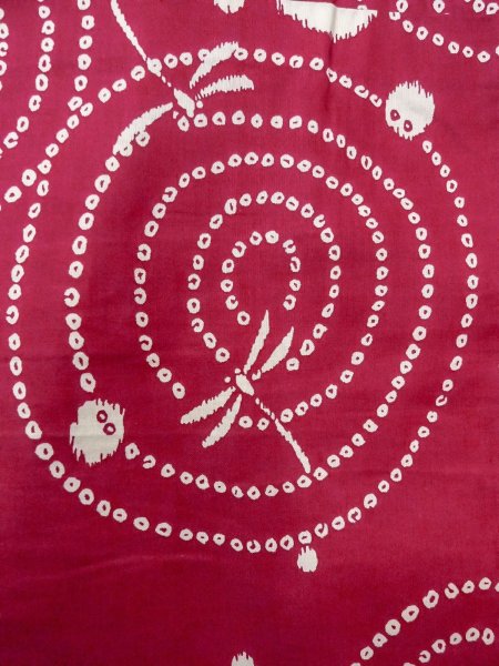 Photo5: O0228S Vintage Japanese kimono  Vivid Red YUKATA summer(made in Other than Japan) for women / Cotton. Circle   (Grade D) (5)