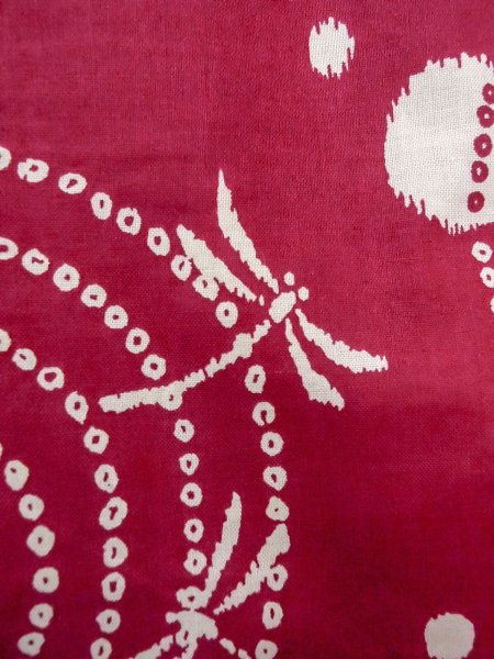 Photo6: O0228S Vintage Japanese kimono  Vivid Red YUKATA summer(made in Other than Japan) for women / Cotton. Circle   (Grade D) (6)