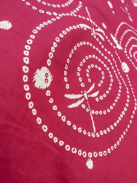 Photo9: O0228S Vintage Japanese kimono  Vivid Red YUKATA summer(made in Other than Japan) for women / Cotton. Circle   (Grade D) (9)