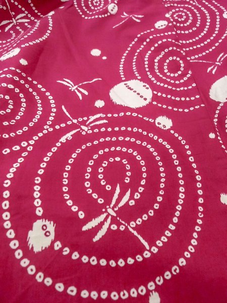 Photo10: O0228S Vintage Japanese kimono  Vivid Red YUKATA summer(made in Other than Japan) for women / Cotton. Circle   (Grade D) (10)