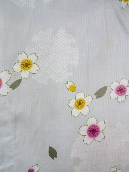 Photo3: O0228U Vintage Japanese kimono  Light Gray YUKATA summer(made in Other than Japan) for women / Linen. SAKURA cherry blossom,   (Grade D) (3)
