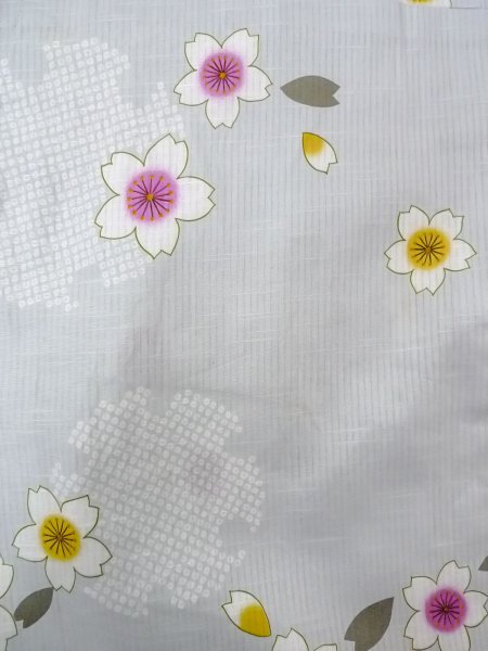 Photo4: O0228U Vintage Japanese kimono  Light Gray YUKATA summer(made in Other than Japan) for women / Linen. SAKURA cherry blossom,   (Grade D) (4)