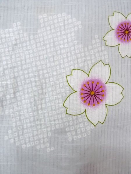 Photo5: O0228U Vintage Japanese kimono  Light Gray YUKATA summer(made in Other than Japan) for women / Linen. SAKURA cherry blossom,   (Grade D) (5)