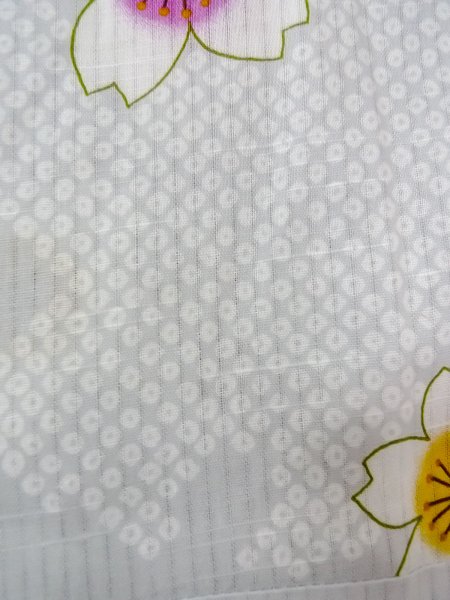 Photo7: O0228U Vintage Japanese kimono  Light Gray YUKATA summer(made in Other than Japan) for women / Linen. SAKURA cherry blossom,   (Grade D) (7)