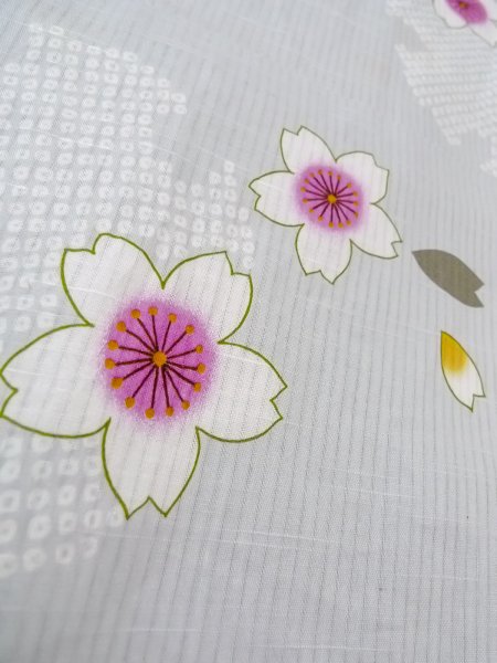Photo9: O0228U Vintage Japanese kimono  Light Gray YUKATA summer(made in Other than Japan) for women / Linen. SAKURA cherry blossom,   (Grade D) (9)