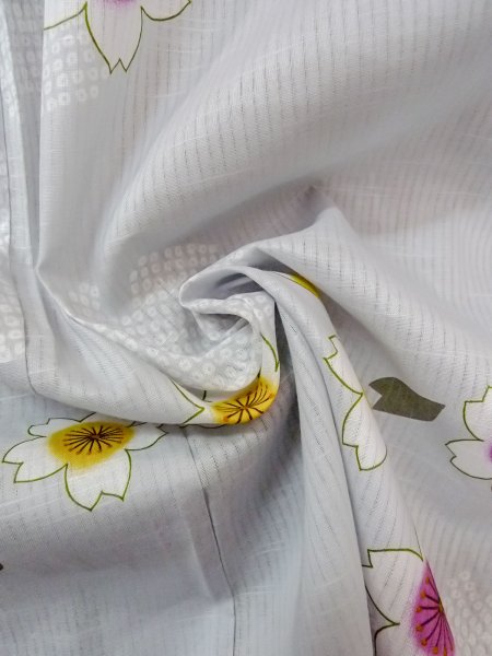 Photo11: O0228U Vintage Japanese kimono  Light Gray YUKATA summer(made in Other than Japan) for women / Linen. SAKURA cherry blossom,   (Grade D) (11)