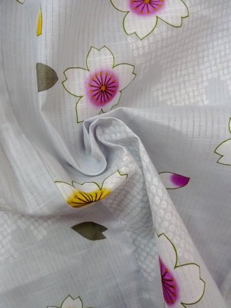 Photo12: O0228U Vintage Japanese kimono  Light Gray YUKATA summer(made in Other than Japan) for women / Linen. SAKURA cherry blossom,   (Grade D) (12)