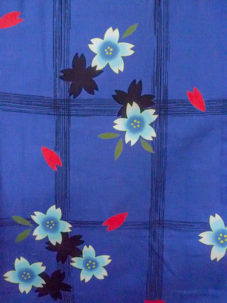 Photo4: O0228V Vintage Japanese kimono  Dark Indigo Blue YUKATA summer(made in Other than Japan) for women / Cotton. SAKURA cherry blossom,   (Grade B) (4)