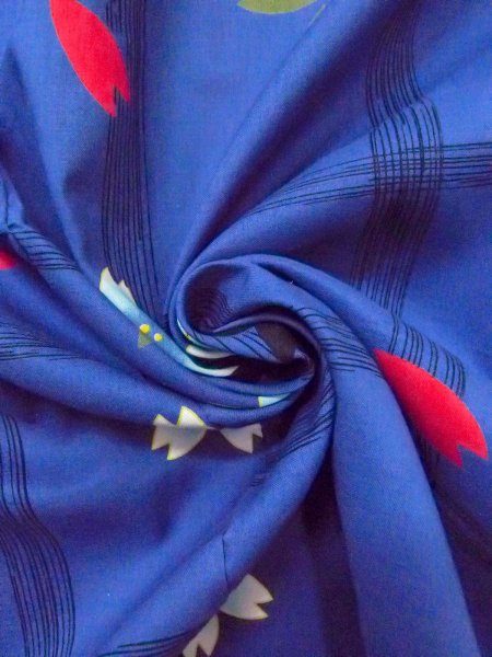 Photo11: O0228V Vintage Japanese kimono  Dark Indigo Blue YUKATA summer(made in Other than Japan) for women / Cotton. SAKURA cherry blossom,   (Grade B) (11)
