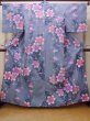Photo1: O0228W Vintage Japanese kimono  Bluish Gray YUKATA summer(made in Other than Japan) for women / Cotton. Iris Fabric is made in Japan. Lilly pattern.  (Grade C) (1)