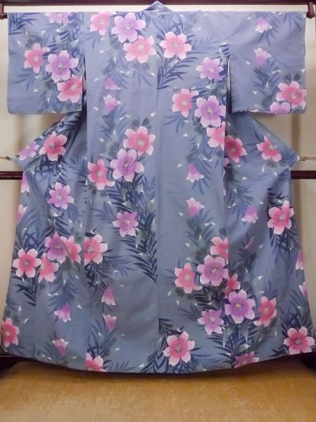 Photo1: O0228W Vintage Japanese kimono  Bluish Gray YUKATA summer(made in Other than Japan) for women / Cotton. Iris Fabric is made in Japan. Lilly pattern.  (Grade C) (1)