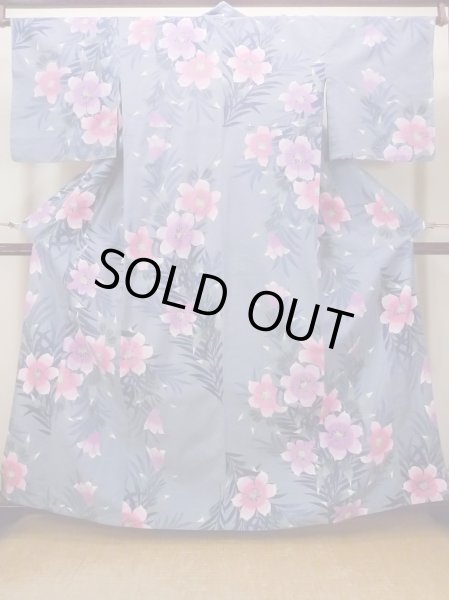 Photo1: O0228W Vintage Japanese kimono  Bluish Gray YUKATA summer(made in Other than Japan) for women / Cotton. Iris Fabric is made in Japan. Lilly pattern.  (Grade C) (1)