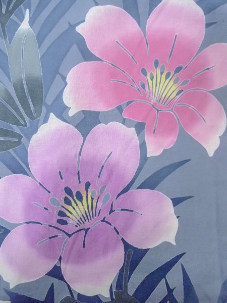 Photo5: O0228W Vintage Japanese kimono  Bluish Gray YUKATA summer(made in Other than Japan) for women / Cotton. Iris Fabric is made in Japan. Lilly pattern.  (Grade C) (5)