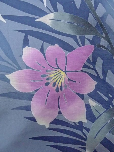 Photo6: O0228W Vintage Japanese kimono  Bluish Gray YUKATA summer(made in Other than Japan) for women / Cotton. Iris Fabric is made in Japan. Lilly pattern.  (Grade C) (6)