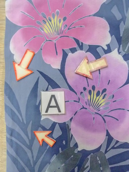 Photo14: O0228W Vintage Japanese kimono  Bluish Gray YUKATA summer(made in Other than Japan) for women / Cotton. Iris Fabric is made in Japan. Lilly pattern.  (Grade C) (14)