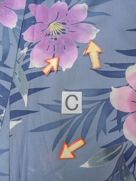 Photo15: O0228W Vintage Japanese kimono  Bluish Gray YUKATA summer(made in Other than Japan) for women / Cotton. Iris Fabric is made in Japan. Lilly pattern.  (Grade C) (15)