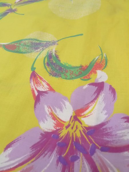 Photo8: Mint O0228Z Vintage Japanese kimono  Pale Yellow YUKATA summer(made in Other than Japan) for women / Cotton. Flower, Lilly pattern.  (Grade A) (8)