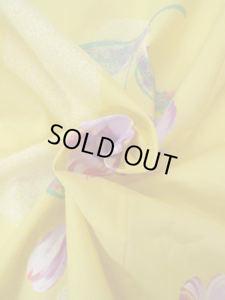 Photo11: Mint O0228Z Vintage Japanese kimono  Pale Yellow YUKATA summer(made in Other than Japan) for women / Cotton. Flower, Lilly pattern.  (Grade A) (11)