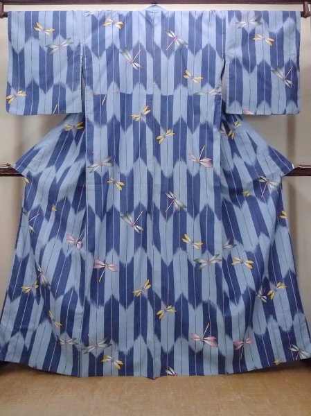 Photo1: O0301A Used Japanese kimono  Grayish Light Blue YUKATA summer(made in Other than Japan) for women / Cotton.  Dragonfly pattern  (Grade C) (1)