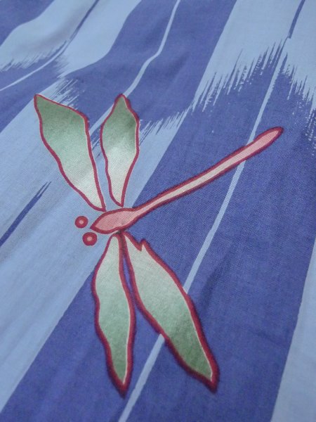 Photo8: O0301A Used Japanese kimono  Grayish Light Blue YUKATA summer(made in Other than Japan) for women / Cotton.  Dragonfly pattern  (Grade C) (8)