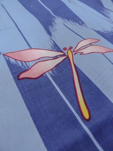 Photo9: O0301A Used Japanese kimono  Grayish Light Blue YUKATA summer(made in Other than Japan) for women / Cotton.  Dragonfly pattern  (Grade C) (9)