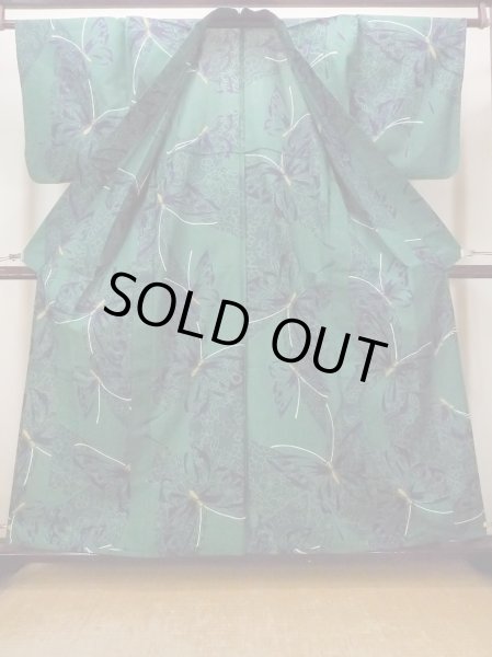 Photo2: Mint O0301B Vintage Japanese kimono   Green YUKATA summer(made in Japan) for women / Cotton. Flower,   (Grade A) (2)