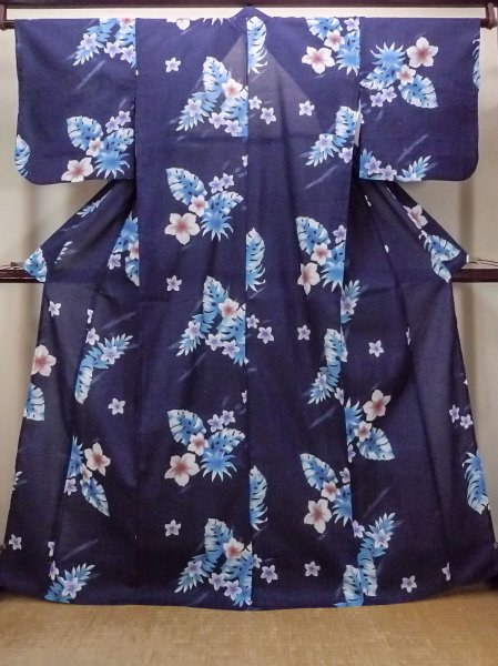 Photo1: Mint O0301C Used Japanese kimono   Navy Blue YUKATA summer(made in Other than Japan) for women / Cotton. Flower,   (Grade A) (1)